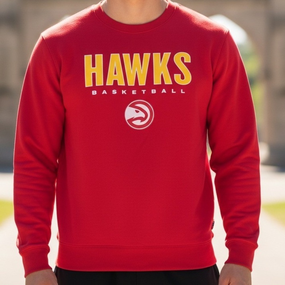 NBA Atlanta‎ Hawks Basketball Crewneck Sweatshirt Red Yellow Throwback Logo Mens